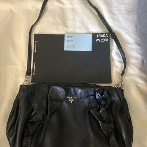 Authentic Prada Fall/Winter 2008 Black Nappa Leather Ruffle Bow Shoulder Bag